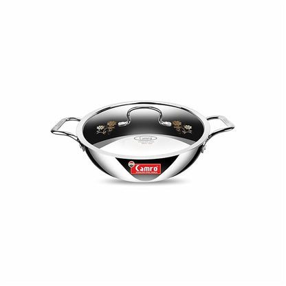 Camro Triply Artisian Kadhai With Lid 22 Cm 2 Liters kadhai Steel Stainless Kadhai For Deep Frying