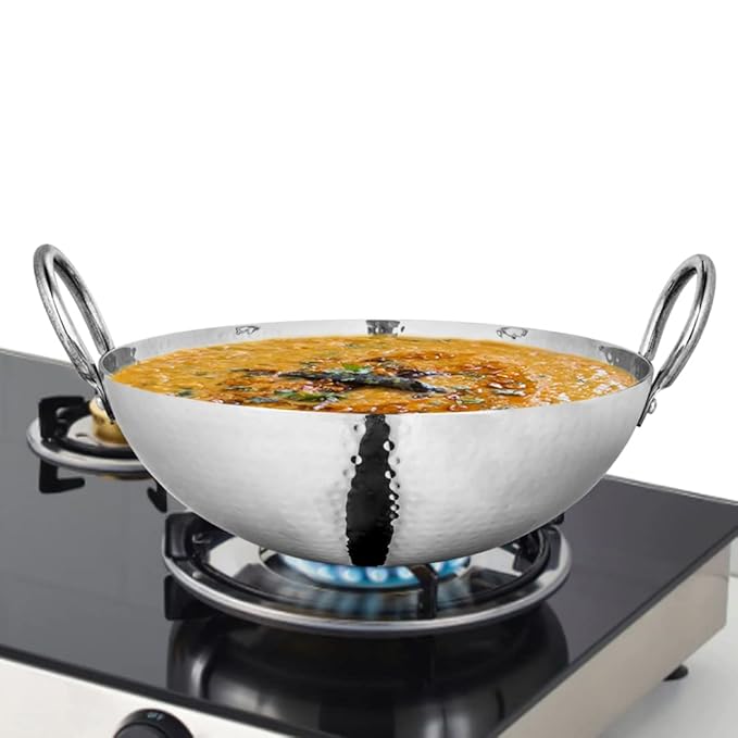Prabha Stainless Steel Hammered Finish Heavy Gauge Kadhai Kitchen Wok with 2.4L Capacity & 240mm Size