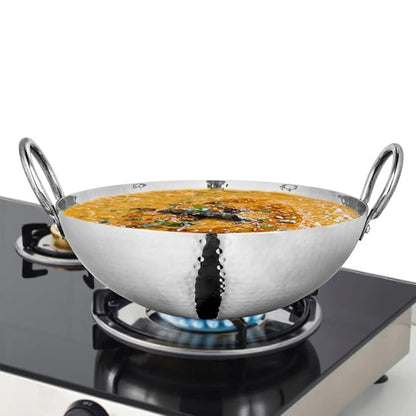 Prabha Stainless Steel Hammered Finish Heavy Gauge Kadhai Kitchen Wok with 2.4L Capacity & 240mm Size
