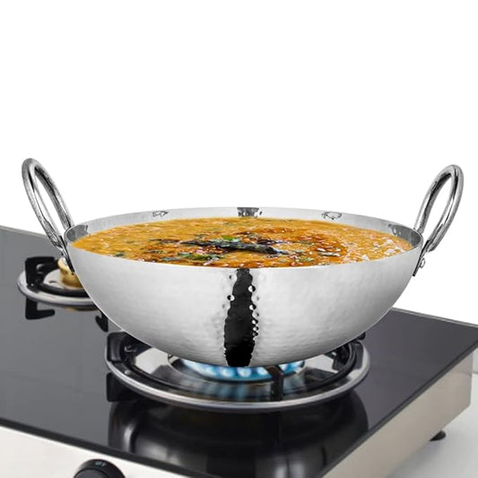Prabha Stainless Steel Hammered Finish Heavy Gauge Kadhai Kitchen Wok with 2.4L Capacity & 240mm Size