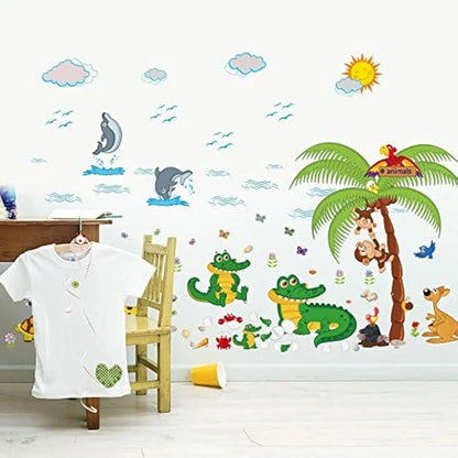 Jaamso Royals Multicolor Decorative Zoo Animal Kids Tree Design Vinyl Self Adhesive Peel and Stick Wall Sticker Animal Jungle