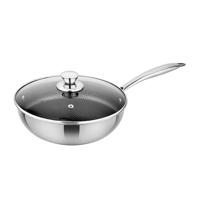 Prabha Tri-Ply Stainless Steel Hexa Cube Non Stick Wok Included Lid, 24cm, 2.8L