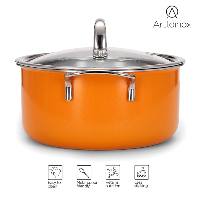 Arttdinox Vida Stainless Steel Triply Pot With Glass Lid for Biryani | 18 Cm | 2 Ltrs | Rivetless Handle | Induction & Gas Base