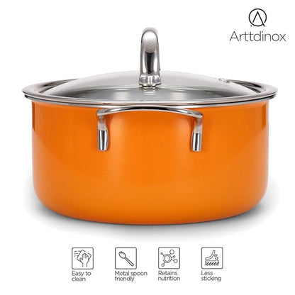 Arttdinox Vida Stainless Steel Triply Pot With Glass Lid for Biryani | 18 Cm | 2 Ltrs | Rivetless Handle | Induction & Gas Base