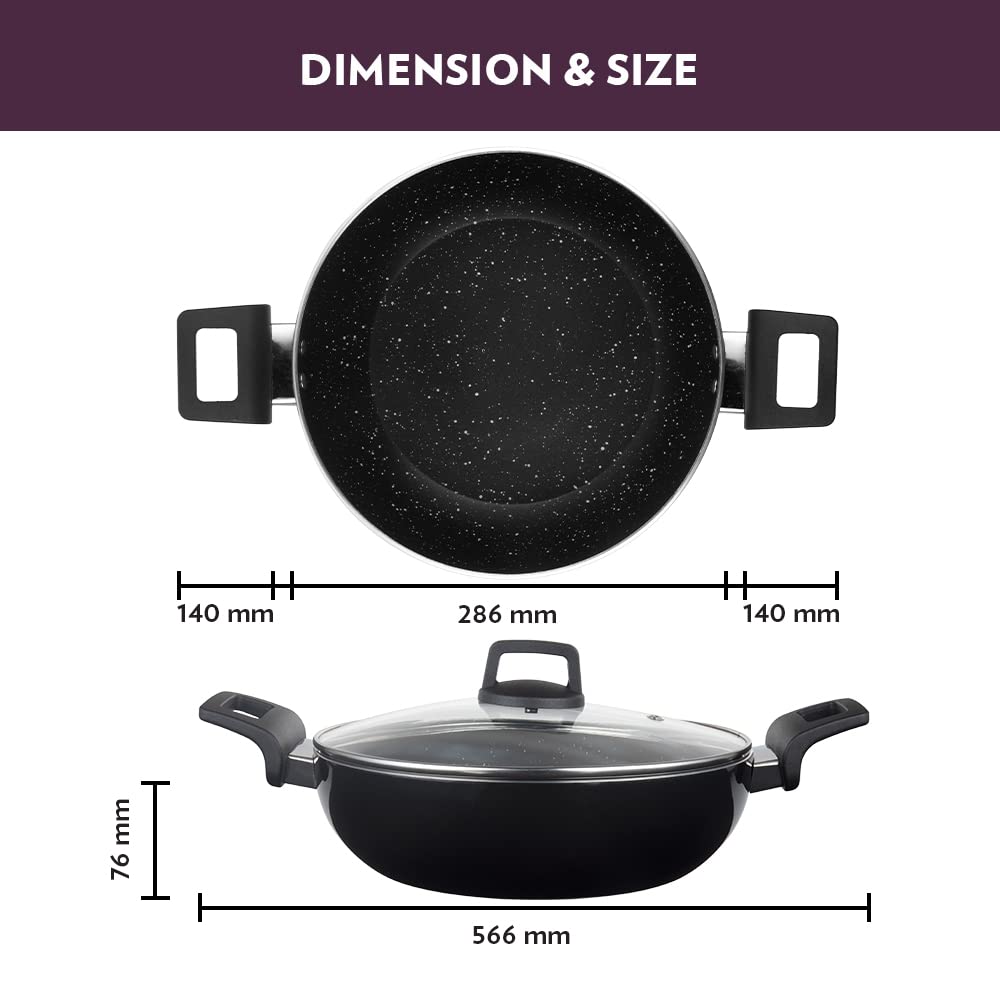 Borosil Granito Non-stick Kadhai With Glass Lid | Induction Friendly | Granite Finish | Pfoa-free | 28 Cm Diameter