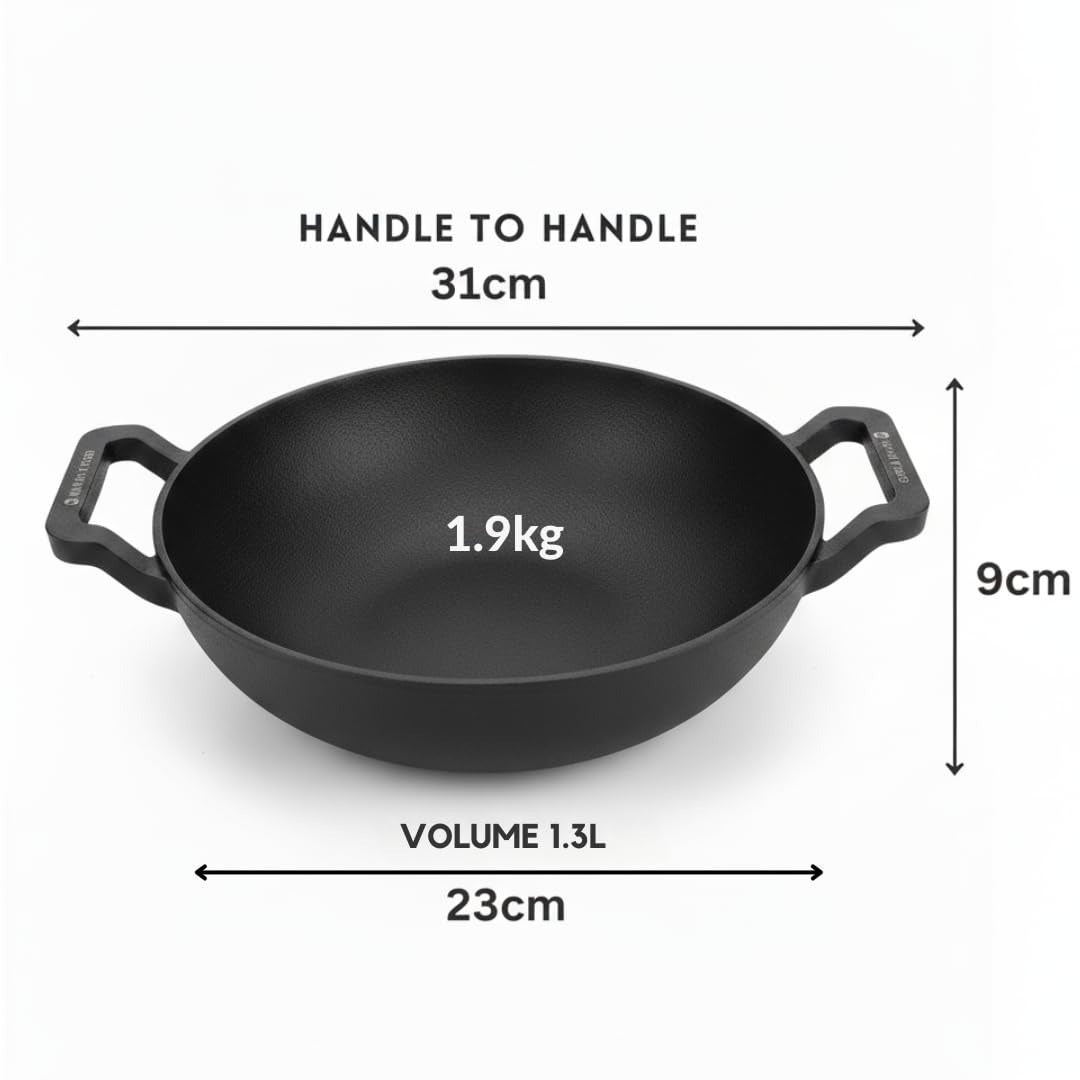 Human Hydro Pre-Seasoned Cast Iron Kadai 23cm 1.3L Flat Bottom Induction Gas with Wooden Flip Spatula