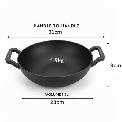Human Hydro Pre-Seasoned Cast Iron Kadai 23cm 1.3L Flat Bottom Induction Gas with Wooden Flip Spatula