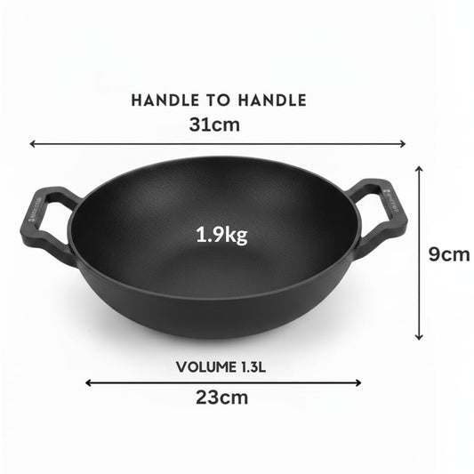 Human Hydro Pre-Seasoned Cast Iron Kadai 23cm 1.3L Flat Bottom Induction Gas with Wooden Flip Spatula