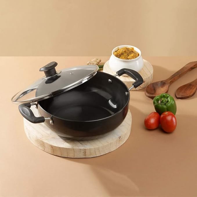 Vinod Black Pearl Hard Anodised Non Stick Deep Kadhai with Glass Lid - 3.1 LTR, 24 cm | 3.25mm Thickness | kadai for Cooking