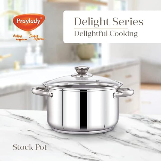 Praylady Stainless Steel Stockpot with Glass Lid Delight Series 3 Ply Base Stockpot Capacity1.8 Litre Silver