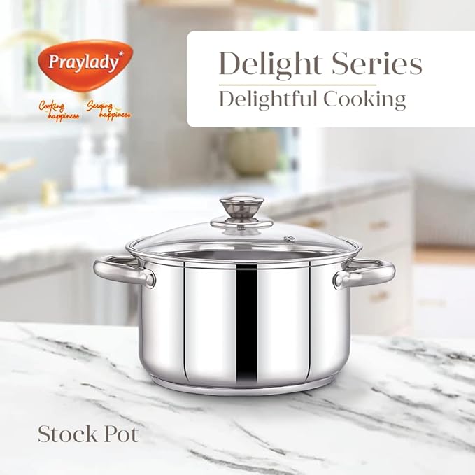 Praylady Stainless Steel Stockpot with Glass Lid Delight Series 3 Ply Base Stockpot Size 22 cm Capacity