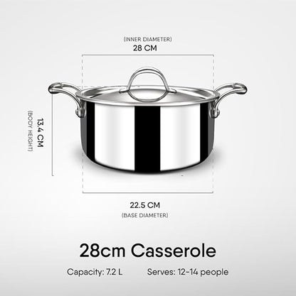 Stahl Artisan Triply Stainless Steel Sauce Pot/ Casserole With Lid | Induction Pot | Briyani Pot/ Handi | 7.2 Litres | 28 Cm