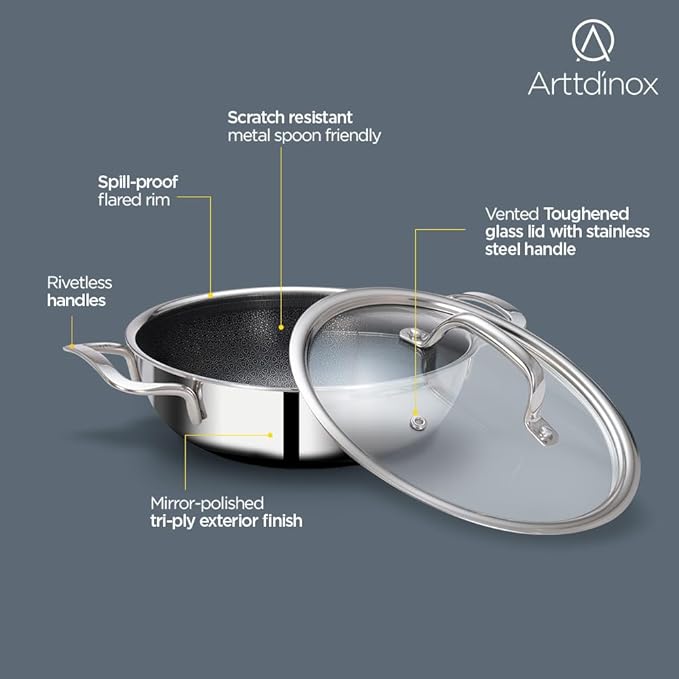 Arttdinox Stellar Triply Stainless Steel Kadhai With Lid | Non Stick Kadai | Gas & Induction Base | 26cm | 3.2ltr | Silver