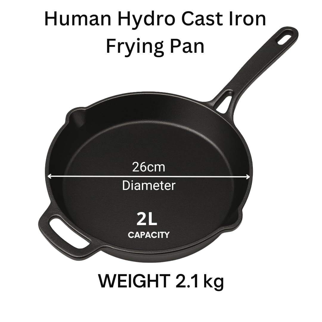 Human Hydro Pre-Seasoned Cast Iron Fry Pan 26cm 1.9kg with Wooden Spatula Naturally Nonstick Gas Induction