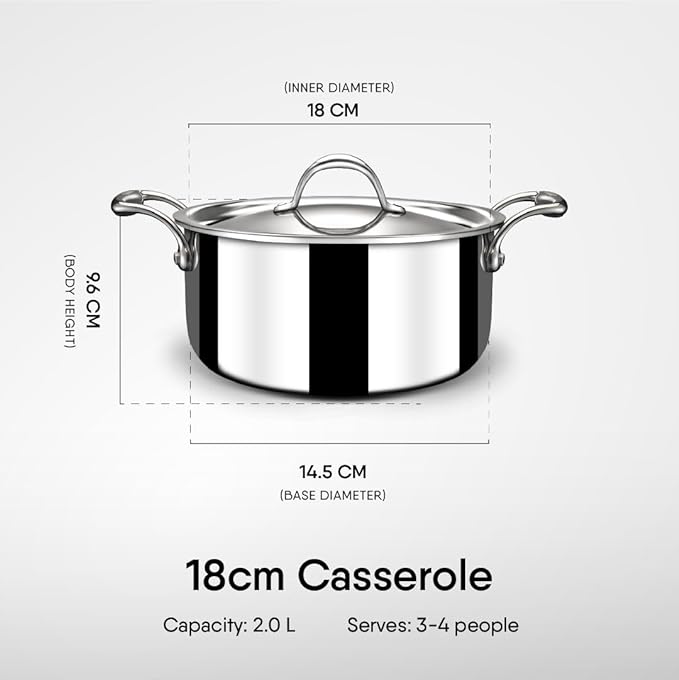 Stahl Artisan Triply Stainless Steel Sauce Pot/ Casserole With Lid | Induction Pot | Briyani Pot/ Handi | 2 L | 18 Cm