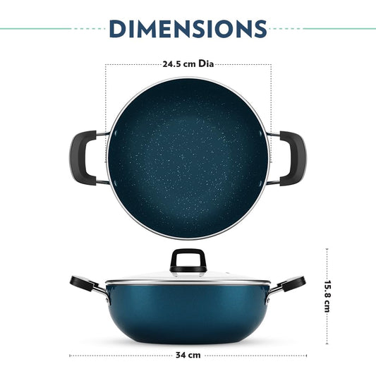 Borosil Prochef Non-stick Aluminum Kadhai With Lid 24 Cm | Gas Stove Compatible | Thick Uniform Body for Even Heating | Dishwasher Safe