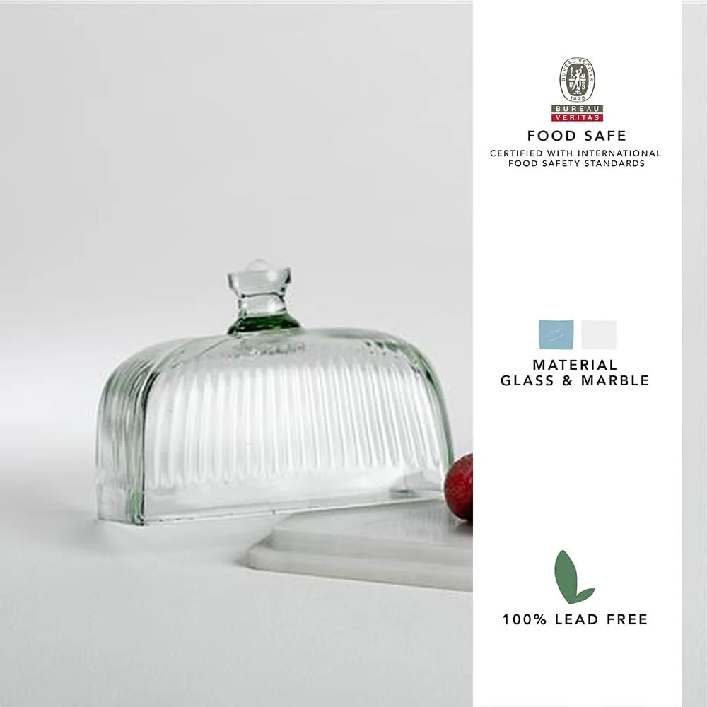 Ellementry Crown Glass and Marble Butter Dish Butter Keeper with Lid Serving Tray