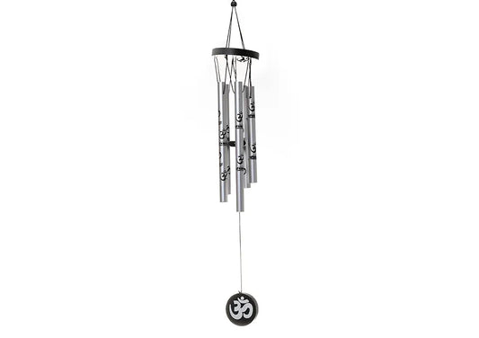 Tej Gifts Feng Shui Metal Wind Chime with Om Printed 5 Pipes for Positive Energy Silver Small