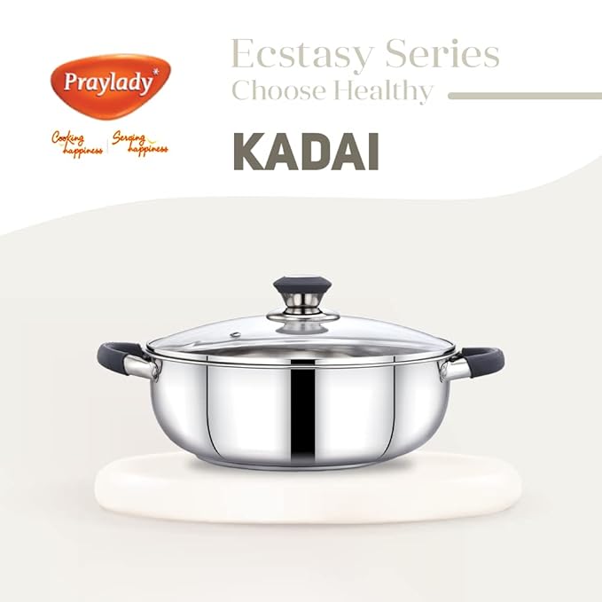 Praylady Stainless Steel 3 Ply Base Kadai with Glass Lid Ecstasy Series Dia 20cm 2.0L