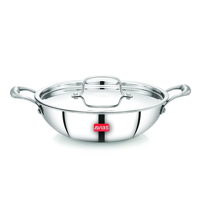 Avias Riara Triply Kadai 20 cm Stainless Steel Kadhai with Lid 3 Layer Steel Casted Handles
