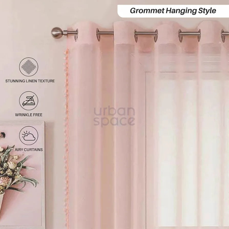 Urban Space Linen Textured Sheer Curtain for Door Living Room,Readymade Curtain with Rod Pocket, Set of 2 Decorative Curtains Blush Pink with Pom pom