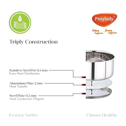 Praylady Stainless Steel Stock Pot with Glass Lid Ecstasy Series 3 Ply Base Stock Pot Size 18 cm Capacity