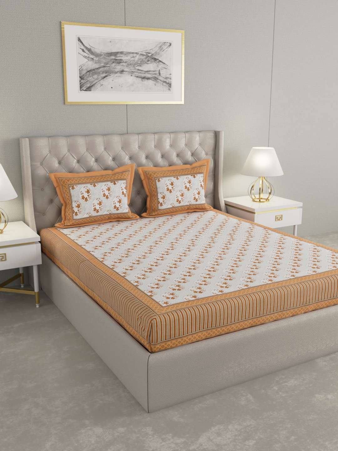 100% Pure Cotton Traditional Printed Bedsheet for Double Bed King Size Bedsheet with 2 Pillow Covers