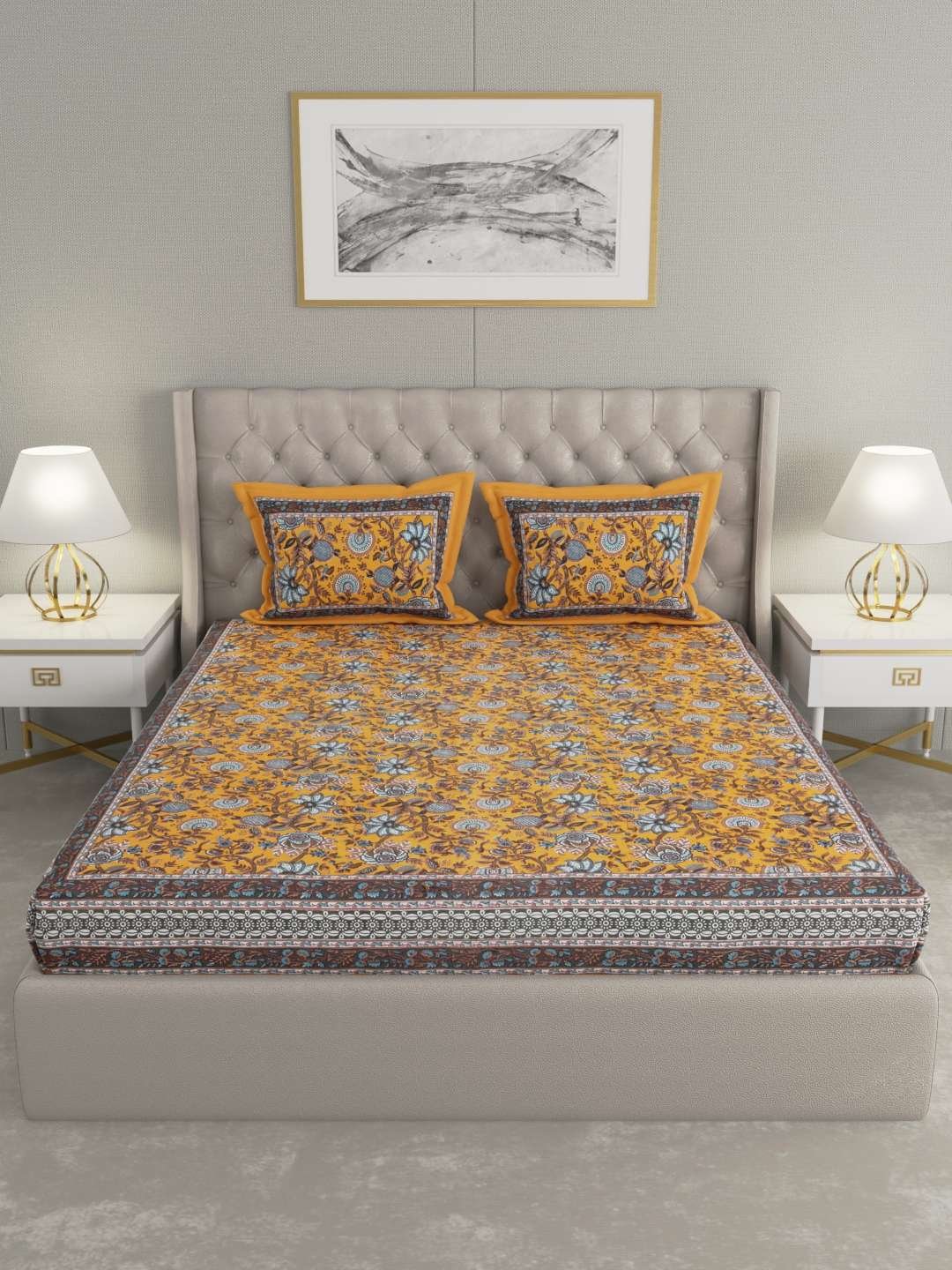 100% Pure Cotton Traditional Printed Bedsheet for Double Bed King Size Bedsheet with 2 Pillow Covers