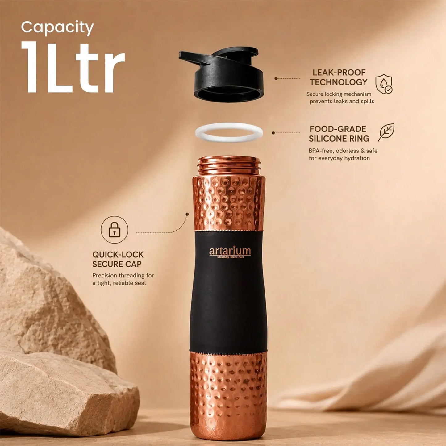 Artarium Copper Sipper Bottle with Sipper Cap 1L