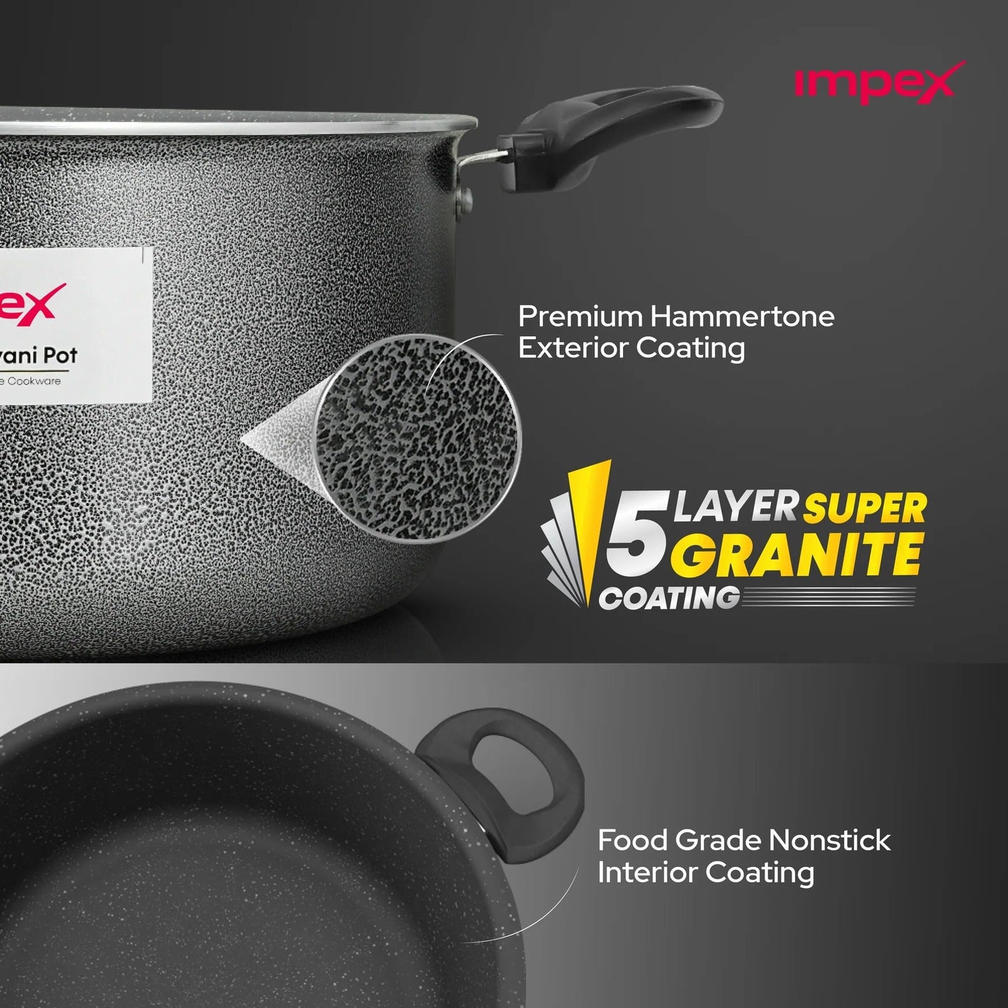 Impex RDBP12 12L Dum Biryani Pot Aluminium 5-Layer Granite PFOA-Free Tempered Glass Lid Induction