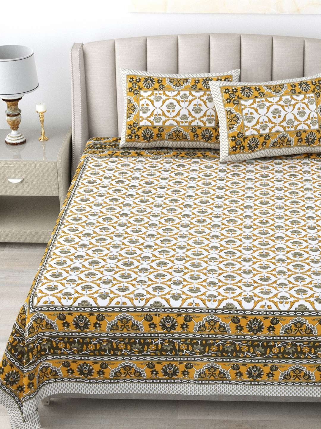 100% Pure Cotton Traditional Printed Bedsheet for Double Bed King Size Bedsheet with 2 Pillow Covers