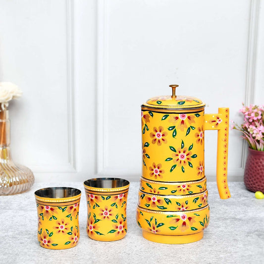 Aluminium Jug Golden Blossom Enamel Jug Set Hand-Painted Floral Art - 21 cm