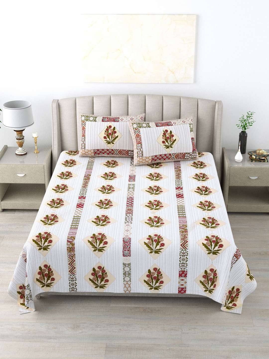 100% Pure Cotton Traditional Printed Bedsheet for Double Bed King Size Bedsheet with 2 Pillow Covers