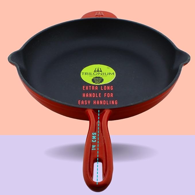 Trilonium Enameled Cast Iron Induction Compatible Skillet Fry Pan 26 cms Red