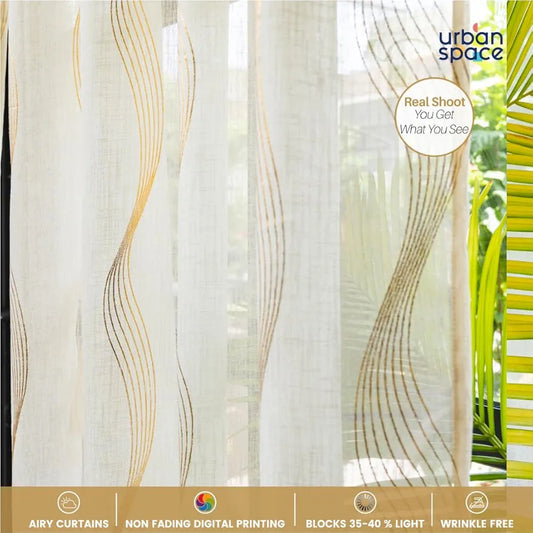 Urban Space Linen Textured Metallic Gold Foil Sheer Curtains for Door Room Darkening Set of 2 Decorative Curtains with Tieback and Eyelets Sheer Double Wave Butter Cream Colour