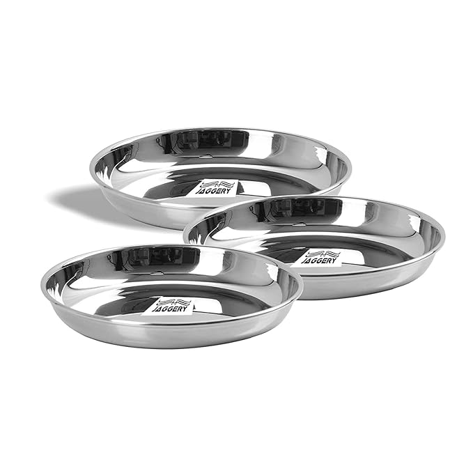 Jaggery Stainless Steel Heavy Gauge Medium Halwa Plates with Mirror Finish 12.5 cm Dia 3 Pieces Set