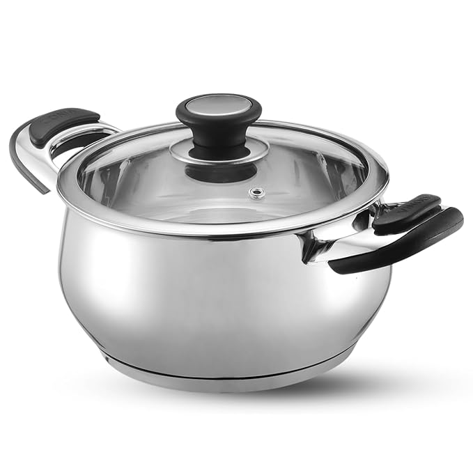 Vinod Durban Stainless Steel Saucepot Handi with Glass Lid - 2 Litre, 16 cm | Stylish Durable Handles