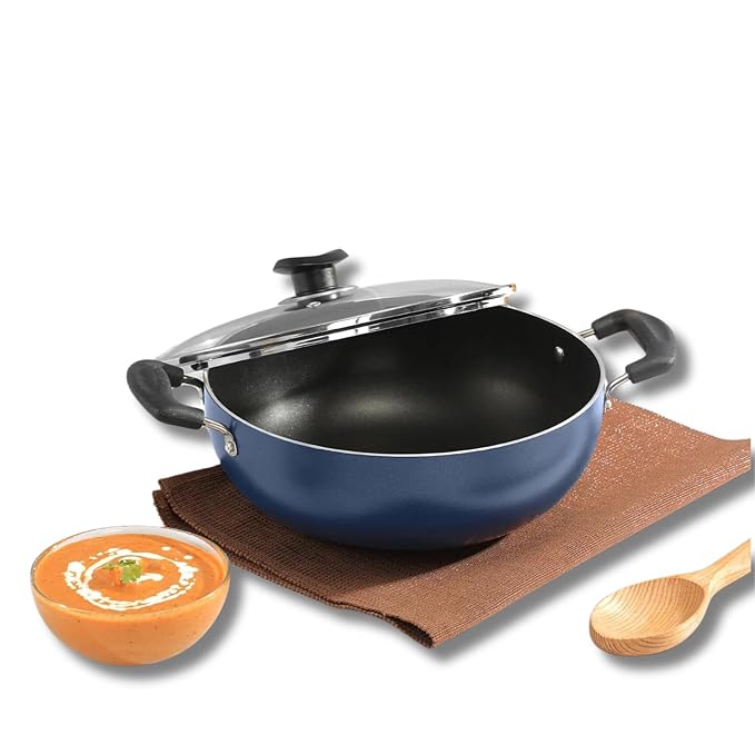 Vinod Zest Aluminium Non Stick Deep Kadhai with Glass Lid - 1.4 Litre, 18cm | 3 Layer Ceramic Coating | 3 mm Thick