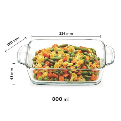 Borosil Square Glass Baking Dish With Handle | Microwave Safe & Oven Safe | 800 Ml | Transparent