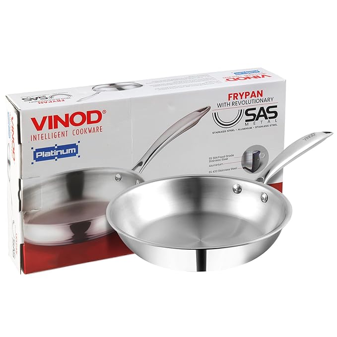 Vinod Platinum Triply Stainless Steel Frypan 22 Cm | 2.5 Mm Thick | Steel Pan | Scratch Resistant | Non Toxic