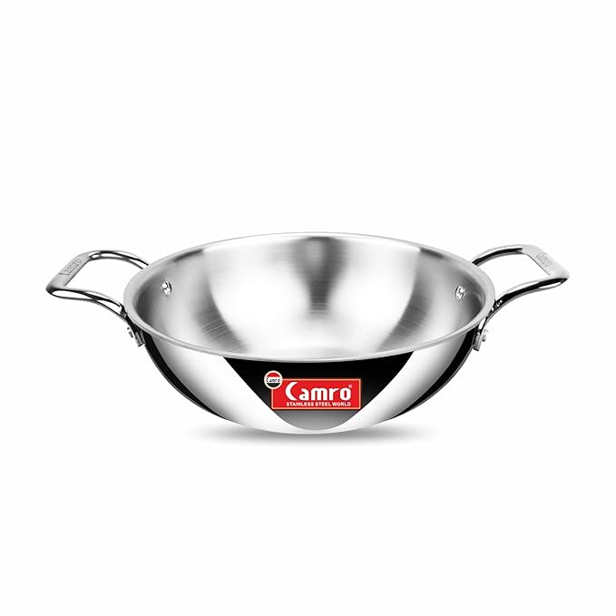 Camro Triply Artisian Kadhai 26 Cm 3.3 Liters kadhai Steel Stainless Kadhai for Deep Frying