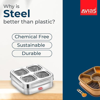 Avias 4 Square Stainless Steel Spice Box With See Through Glass Lid 4 Containers Storage Box Masala Dani
