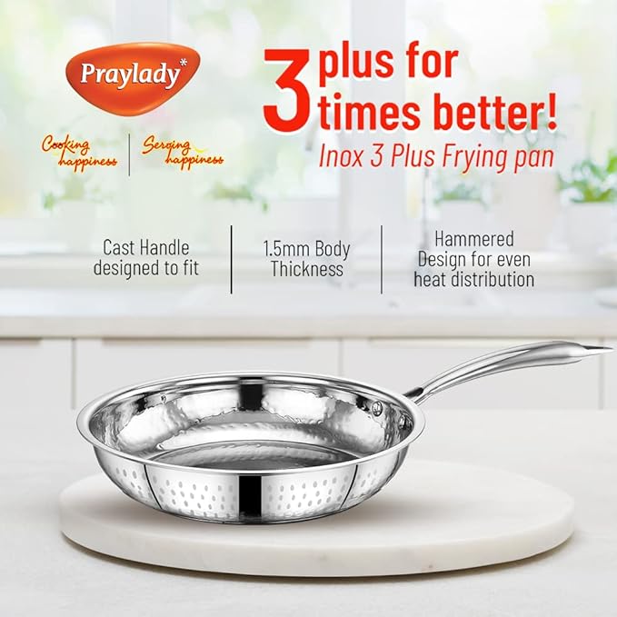 Praylady Stainless Steel Kadai with Lid Inox 3+ Series Dia 22cm 2.0L