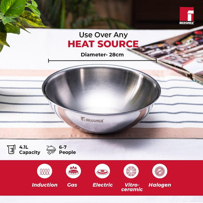 Bergner Tripro Triply Stainless Steel Cook and Serve 28cm Tasla | Tasra Kadai | Handleless Wok | 4.25 Litres