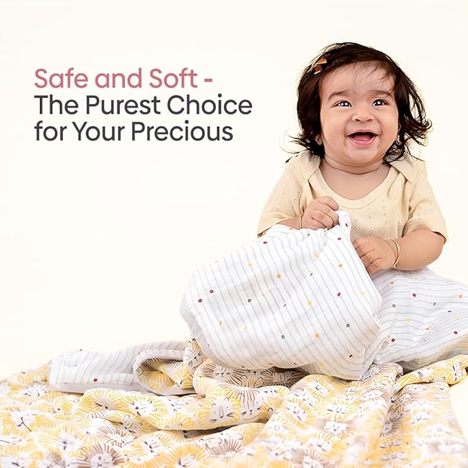 Haus & kinder Cotton Reversible Muslin Blanket For Newborn Baby Boy Colour Roarsome Yellow