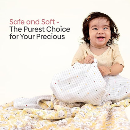 Haus & kinder Cotton Reversible Muslin Blanket For Newborn Baby Boy Colour Roarsome Yellow