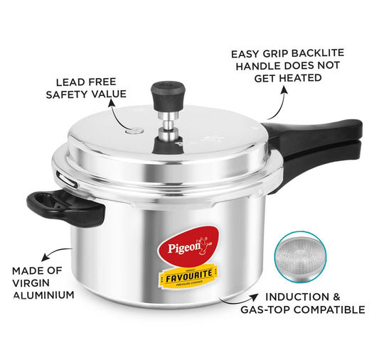 Pigeon By Stovekraft Induction Base Aluminium Pressure Cooker with Outer Lid - 5 Litres, Silver