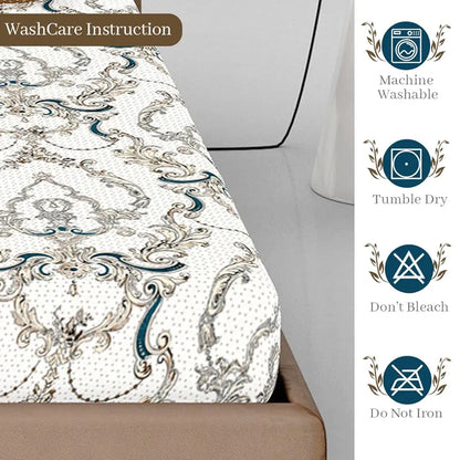 Divine Casa White and Grey Floral Pattern 144 TC 100% Cotton Elastic Fitted Printed Queen Size Double Bed Bedsheet with 2 Pillow Cover Colour Tiger's Eye