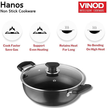 Vinod Hanos Hard Anodised Non Stick Deep Kadhai with Glass lid - 2.6 Litre, 22 cm | 3.25mm Thick | 5X Non Stick