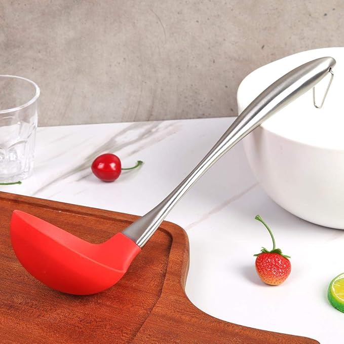 P-Plus International Silicone Spatula Versatile Tools Baking and Mixing Steel Laddle Red
